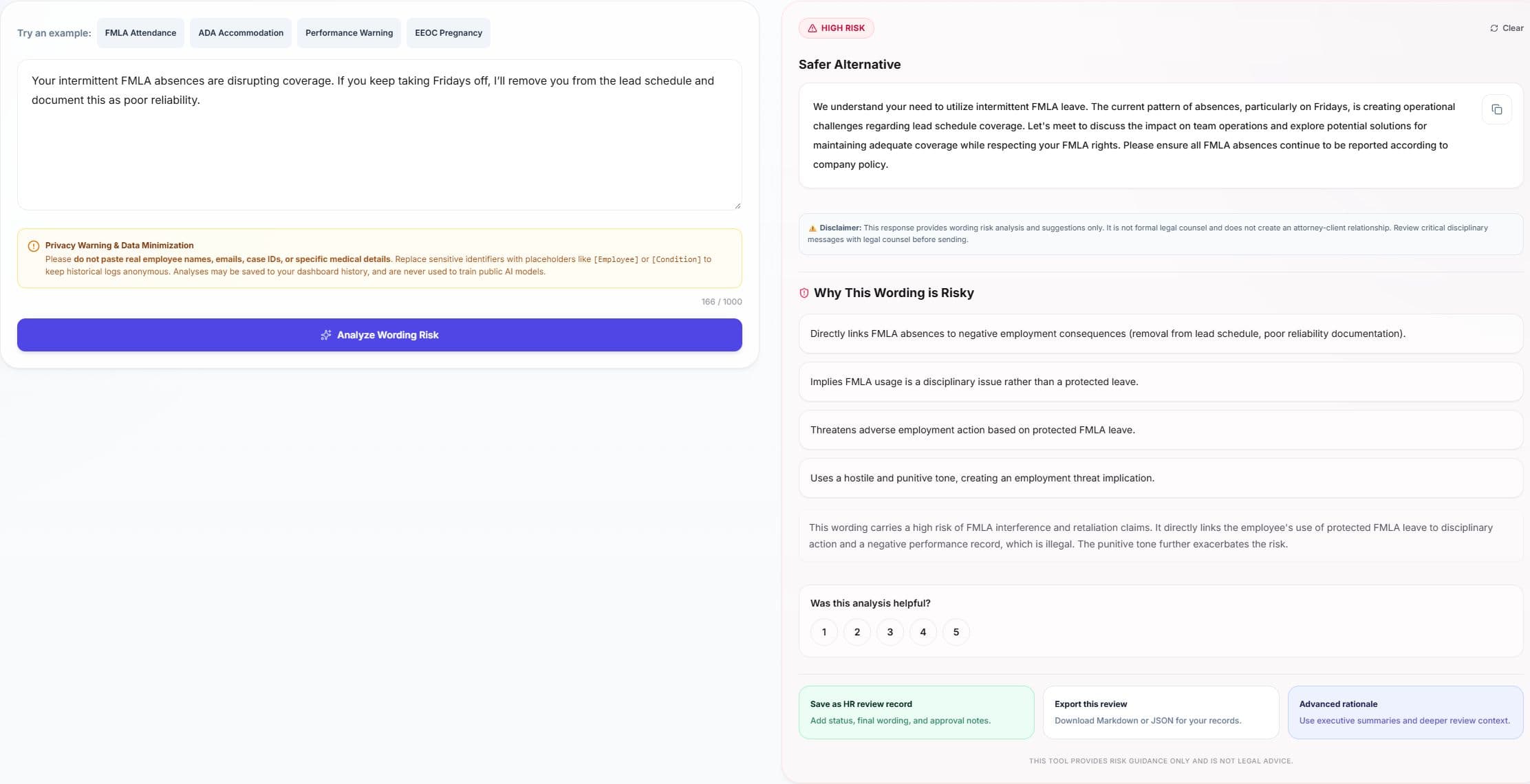 Retaliation Check analysis of an FMLA attendance message, including the original draft, high risk result, safer alternative, explanation, and rating controls.