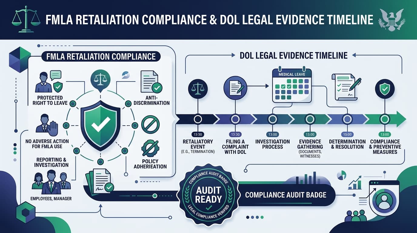 FMLA Retaliation Compliance and DOL Legal Evidence Timeline showing WH-380, WH-381, and WH-382 notice flow